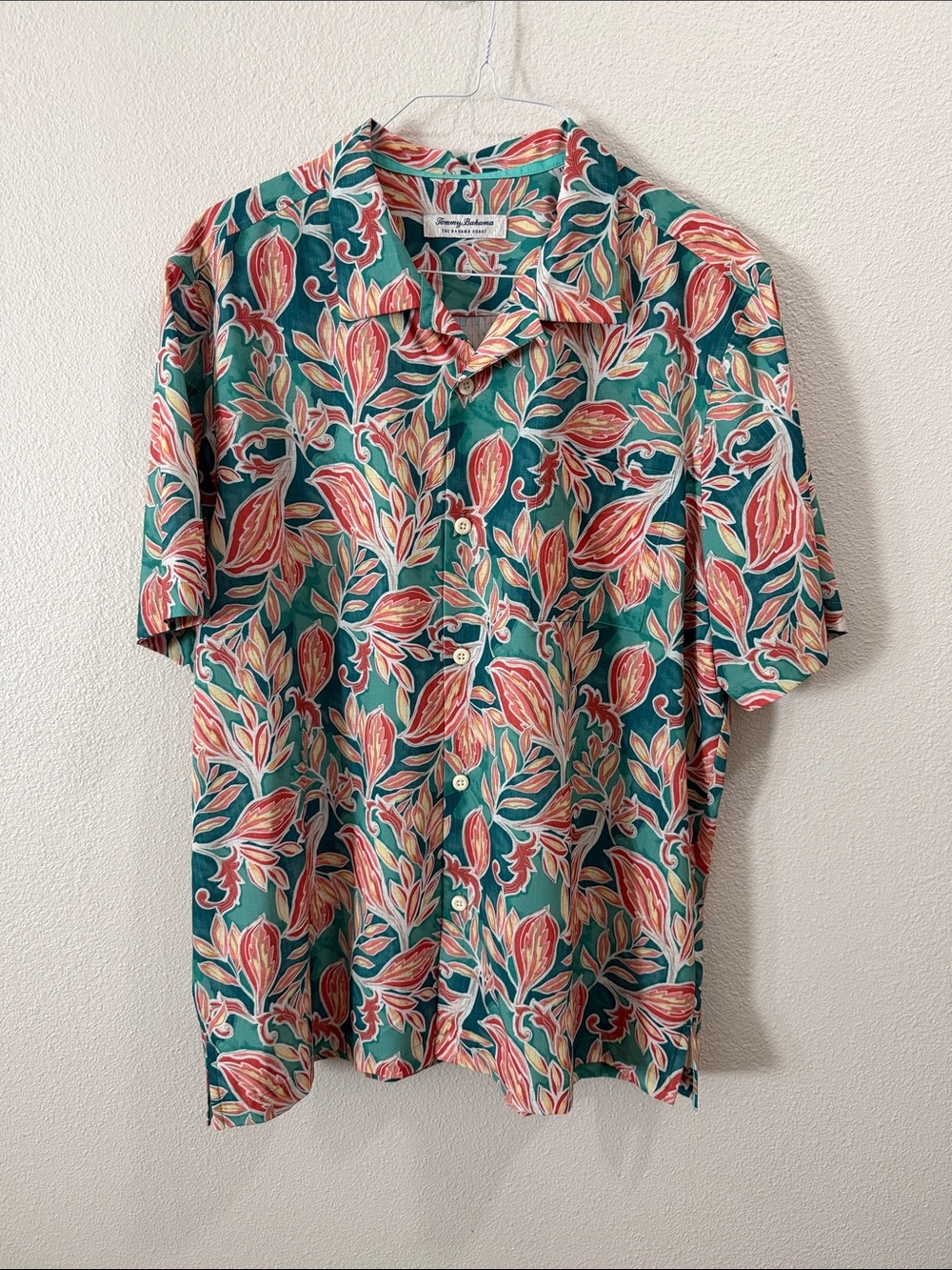 Tommy Bahama Teal Tropical Leaf Camp Shirt with Coral and Cream Accents